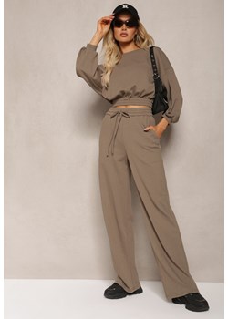 Ciemnozielony Bawełniany Komplet Bluza Krótka ze Ściągaczem i Szerokie Spodnie ze Sznurkiem w Pasie Rionnea ze sklepu Renee odzież w kategorii Dresy damskie - zdjęcie 170141149