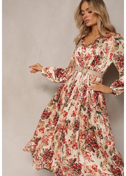 Beżowo-Różowa Rozkloszowana Sukienka Długa z Plisami w Kwiatowy Print Toada ze sklepu Renee odzież w kategorii Sukienki - zdjęcie 170141197