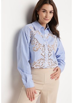 Niebieska Bawełniana Koszula o Krótkim Fasonie z Ażurowym Wykończeniem Leama ze sklepu Born2be Odzież w kategorii Koszule damskie - zdjęcie 170153525