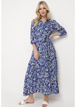 Granatowa Sukienka Koszulowa z Wiskozy Ozdobiona Ornamentalnym Wzorem Hoarna ze sklepu Born2be Odzież w kategorii Sukienki - zdjęcie 170153727