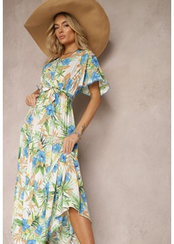 Biało-Zielona Sukienka na Lato Maxi w Kwiaty z Gumką i Wiązanym Paskiem w Talii Uveilla ze sklepu Renee odzież w kategorii Sukienki - zdjęcie 170154219
