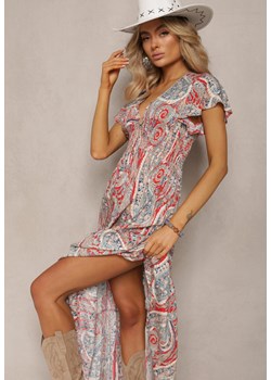 Czerwono-Beżowa Rozkloszowana Sukienka Maxi na Guziki Ozdobiona Etnicznym Wzorem Kleriala ze sklepu Renee odzież w kategorii Sukienki - zdjęcie 170154229