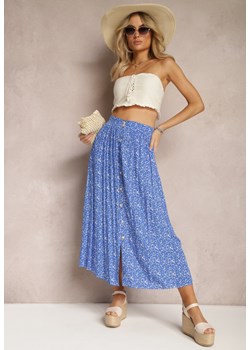 Niebieska Spódnica Maxi z Wiskozy w Kwiatowy Wzór o Rozkloszowanym Fasonie Skules ze sklepu Renee odzież w kategorii Spódnice - zdjęcie 170154287