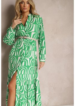 Zielona Długa Sukienka Rozkloszowana w Geometryczne Wzory z Kołnierzykiem Skulle ze sklepu Renee odzież w kategorii Sukienki - zdjęcie 170172695