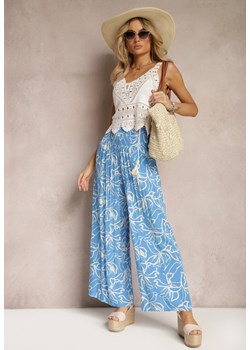 Niebieskie Spodnie Szerokie z Wiskozy High Waist w Kwiatowy Print Tepolla ze sklepu Renee odzież w kategorii Spodnie damskie - zdjęcie 170172815