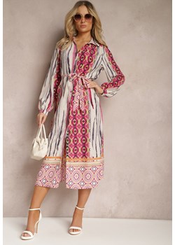 Fuksjowo-Beżowa Koszulowa Sukienka Wiązana w Talii Ozdobiona Abstrakcyjnym Wzorem Nilima ze sklepu Renee odzież w kategorii Sukienki - zdjęcie 170172876