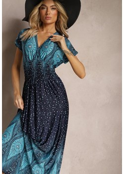 Niebiesko-Granatowa Wiskozowa Sukienka z Koperowym Dekoltem Maxi Sllvana ze sklepu Renee odzież w kategorii Sukienki - zdjęcie 170182769