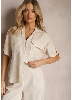 Jasnobeżowa Bawełniana Koszula z Lnem o Klasycznym Fasonie Leontia ze sklepu Renee odzież w kategorii Koszule damskie - zdjęcie 170182846