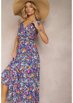 Granatowa Kopertowa Sukienka w Kwiaty o Rozkloszowanym Fasonie Maxi z Falbanką Seneora ze sklepu Renee odzież w kategorii Sukienki - zdjęcie 170183006