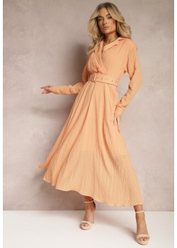 Pomarańczowa Sukienka o Rozkloszowanym Fasonie z Paskiem i Kopertowym Dekoltem Tifena ze sklepu Renee odzież w kategorii Sukienki - zdjęcie 170183036