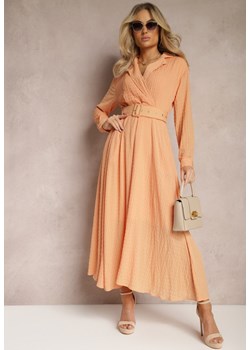 Pomarańczowa Sukienka o Rozkloszowanym Fasonie z Paskiem i Kopertowym Dekoltem Tifena ze sklepu Renee odzież w kategorii Sukienki - zdjęcie 170183037