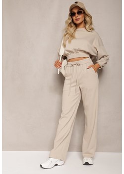Beżowy Bawełniany Komplet Bluza Krótka ze Ściągaczem i Szerokie Spodnie ze Sznurkiem w Pasie Rionnea ze sklepu Renee odzież w kategorii Dresy damskie - zdjęcie 170183066