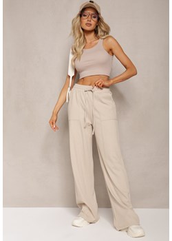 Beżowe Bawełniane Spodnie Dresowe Utility z Szerokimi Nogawkami Guvilia ze sklepu Renee odzież w kategorii Spodnie damskie - zdjęcie 170183076
