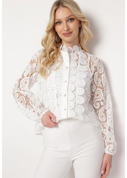 Biała Koszula Koronkowa ze Stójką w Stylu Vintage Drusilia ze sklepu Born2be Odzież w kategorii Koszule damskie - zdjęcie 170184878