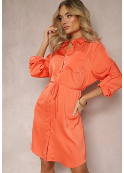 Pomarańczowa Satynowa Sukienka Mini Koszulowa z Materiałowym Paskiem Gwineres ze sklepu Renee odzież w kategorii Sukienki - zdjęcie 170217535