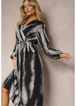 Czarno-Szara Rozkloszowana Sukienka Maxi z Kopertowym Dekoltem i Materiałowym Paskiem Efengia ze sklepu Renee odzież w kategorii Sukienki - zdjęcie 170217545