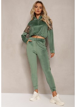 Zielony Komplet Dresowy z Weluru z Krótką Bluzą i Spodniami Joggerami z Panterkowym Wzorem Limitta ze sklepu Renee odzież w kategorii Dresy damskie - zdjęcie 170217615