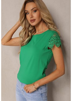 Zielony T-shirt z Bawełny Ozdobiony Cekinami i Koronką Alessme ze sklepu Renee odzież w kategorii Bluzki damskie - zdjęcie 170231295