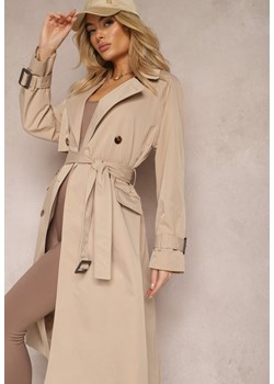Beżowy Płaszcz Trencz Dwurzędowy Taliowany Paskiem z Patkami na Rękawach Diore ze sklepu Renee odzież w kategorii Płaszcze damskie - zdjęcie 170231388