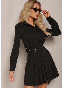 Czarna Koszulowa Sukienka Utility z Plisowaną Asymetryczną Spódnicą z Paskiem Mussoria ze sklepu Renee odzież w kategorii Sukienki - zdjęcie 170231417