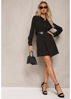 Czarna Koszulowa Sukienka Utility z Plisowaną Asymetryczną Spódnicą z Paskiem Mussoria ze sklepu Renee odzież w kategorii Sukienki - zdjęcie 170231419