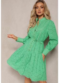 Zielona Sukienka Zdobiona Haftowaniem i Perłowymi Guzikami ze Stójką Wialon ze sklepu Renee odzież w kategorii Sukienki - zdjęcie 170231569