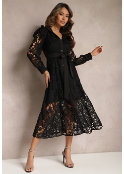 Czarna Rozkloszowana Sukienka o Koszulowym Fasonie z Falbanką i Koronką Caramia ze sklepu Renee odzież w kategorii Sukienki - zdjęcie 170231579