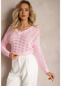 Różowy Sweter z Dekoltem w Serek i Ażurowym Zdobieniem Cerylia ze sklepu Renee odzież w kategorii Swetry damskie - zdjęcie 170231629