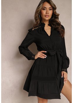 Czarna Rozkloszowana Sukienka z Koronkowymi Wstawkami i Wiązaniem w Talii Padria ze sklepu Renee odzież w kategorii Sukienki - zdjęcie 170231729