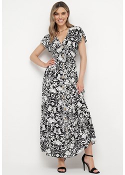 Czarna Rozkloszowana Sukienka Maxi z Luźnym Rękawem w Kwiatowy Print Oxeria ze sklepu Born2be Odzież w kategorii Sukienki - zdjęcie 170232477