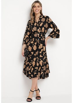 Czarna Sukienka z Koszulową Górą i Rozkloszowanym Dołem w Kwiaty Hazerpia ze sklepu Born2be Odzież w kategorii Sukienki - zdjęcie 170232489