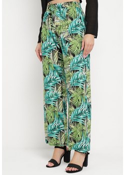 Niebiesko-Zielone Szerokie Spodnie z Wiskozy z Elastyczną Gumką w Pasie z Roślinnym Wzorem Tezosa ze sklepu Born2be Odzież w kategorii Spodnie damskie - zdjęcie 170232778