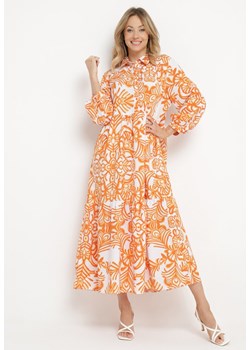 Pomarańczowa Długa Sukienka Rozkloszowana w Ornamentalny Wzór z Falbanką  Ariantise ze sklepu Born2be Odzież w kategorii Sukienki - zdjęcie 170233035
