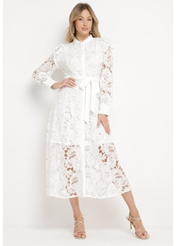 Biała Koronkowa Sukienka z Paskiem w Talii i Falbanką Nicasta ze sklepu Born2be Odzież w kategorii Sukienki - zdjęcie 170233177