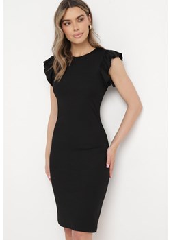 Czarna Dopasowana Sukienka Midi z Falbanką przy Rękawie Ekarra ze sklepu Born2be Odzież w kategorii Sukienki - zdjęcie 170242577