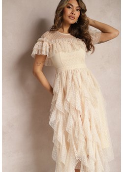 Beżowa Rozkloszowana Sukienka z Transparentnymi Wstawkami z Koronki Saela ze sklepu Renee odzież w kategorii Sukienki - zdjęcie 170247425