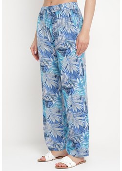 Niebiesko-Szare Szerokie Spodnie z Wiskozy z Elastyczną Gumką w Pasie z Roślinnym Wzorem Tezosa ze sklepu Born2be Odzież w kategorii Spodnie damskie - zdjęcie 170260195