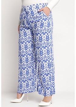 Niebiesko-Białe Szerokie Spodnie w Etno Wzór z Wiskozy z Gumką w Talii Xinaria ze sklepu Born2be Odzież w kategorii Spodnie damskie - zdjęcie 170260606