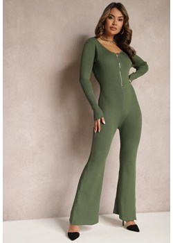 Zielony Kombinezon Bodycon z Prążkowanej Wiskozy ze Spodniami Typu Dzwony i Suwakiem Lavirna ze sklepu Renee odzież w kategorii Kombinezony damskie - zdjęcie 170260859