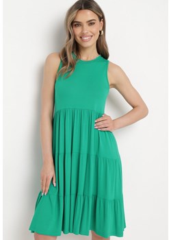 Zielona Sukienka z Wiskozy Bez Rękawów z Rozkloszowanymi Falbanami Heona ze sklepu Born2be Odzież w kategorii Sukienki - zdjęcie 170267227