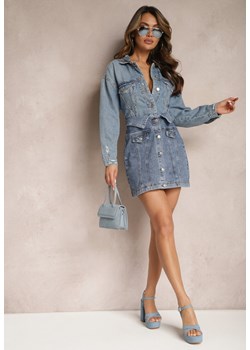 Granatowa Jeansowa Spódnica Mini z Wysoką Talią Paper Bag i Guzikami Tirhela ze sklepu Renee odzież w kategorii Spódnice - zdjęcie 170267576