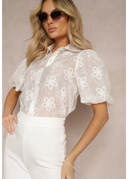 Biała Koszula z Bufiastymi Rękawami i Haftowanymi Kwiatami Binuria ze sklepu Renee odzież w kategorii Koszule damskie - zdjęcie 170267647