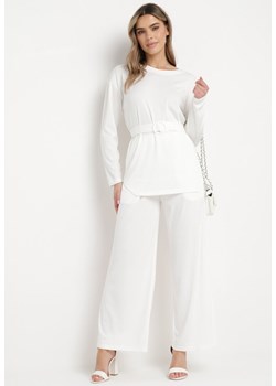 Biały Komplet z Spodnie Prostymi Nogawkami i Bluzka z Paskiem Carenesa ze sklepu Born2be Odzież w kategorii Komplety i garnitury damskie - zdjęcie 170300725