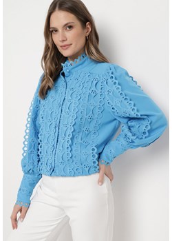 Niebieska Koszula Ażurowa ze Stójką Arnot ze sklepu Born2be Odzież w kategorii Koszule damskie - zdjęcie 170300788
