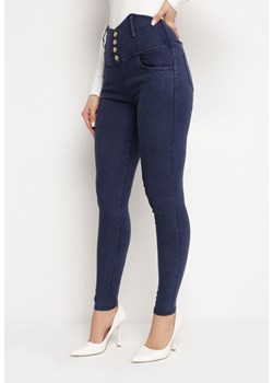 Granatowe Spodnie Jeansowe z Wysoką Talią Paper Bag z Guzikami Prilia ze sklepu Born2be Odzież w kategorii Spodnie damskie - zdjęcie 170300836