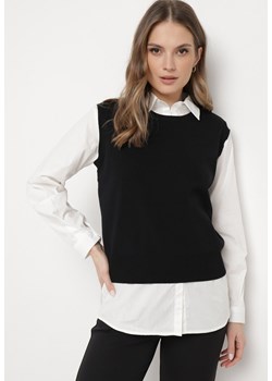 Czarna Kamizelka z Prążkowanej Dzianiny z Klasyczną Koszulą Verisande ze sklepu Born2be Odzież w kategorii Koszule damskie - zdjęcie 170300858