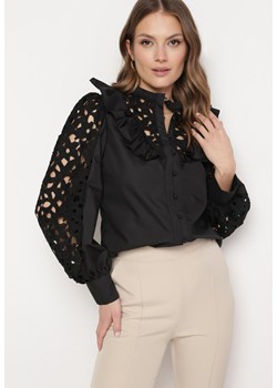 Czarna Koszula z Falbanką i Ażurowymi Rękawami Phaelin ze sklepu Born2be Odzież w kategorii Koszule damskie - zdjęcie 170308577