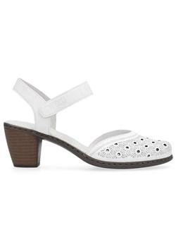 Skórzane komfortowe sandały damskie na obcasie białe Rieker 40991-80 ze sklepu ButyModne.pl w kategorii Sandały damskie - zdjęcie 170335629