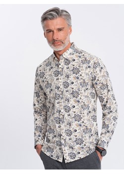 Męska koszula SLIM FIT we wzór florystyczny - beżowo-szara V1 OM-SHPS-0139 ze sklepu ombre w kategorii Koszule męskie - zdjęcie 170340428