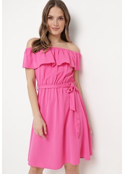 Różowa Hiszpanka Sukienka z Materiałowym Paskiem o Rozkloszowanym Kroju Konielle ze sklepu Born2be Odzież w kategorii Sukienki - zdjęcie 170379968